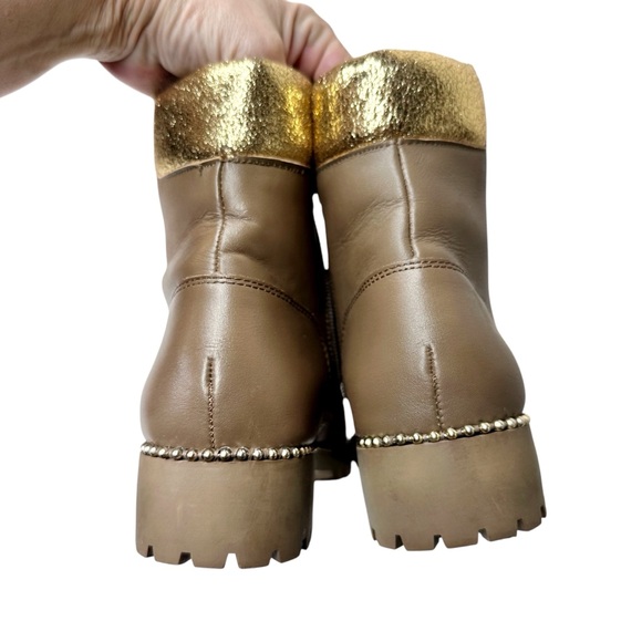 Cecelia New York Trekker Combat Boots Taupe Brown Tan Faux Fur Gold SZ 7.5 - Picture 9 of 16